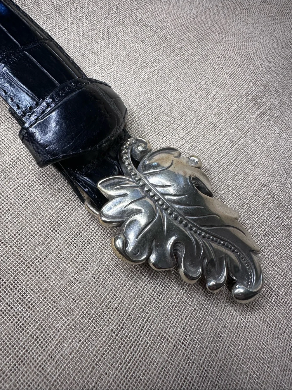 BRIGHTON Black Embossed Leather Belt Silver Leaf Buckle EUC